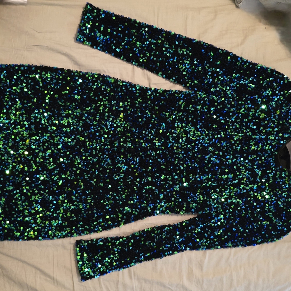 Adelyn Rae Blue and Green Sequin Long Sleeve Dress